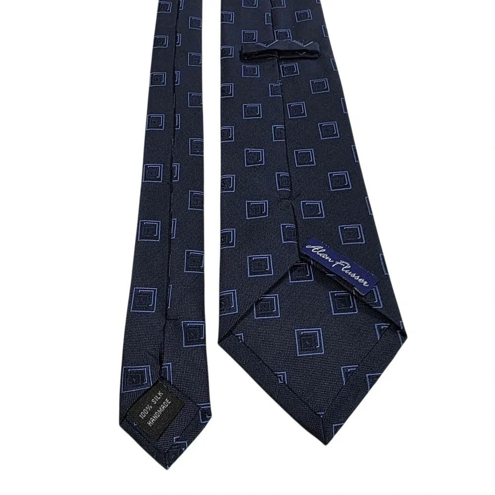 Alan Flusser‎ Mens Silk Necktie Square Pattern Blue Handmade Luxury Formal